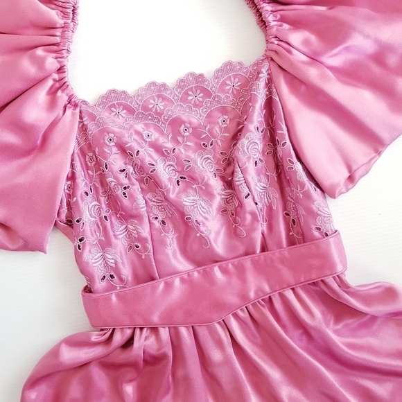 Vintage Union Made 80s Puff Sleeve Satin Pink Embrodiered Floral Midi Dress - Picture 10 of 16